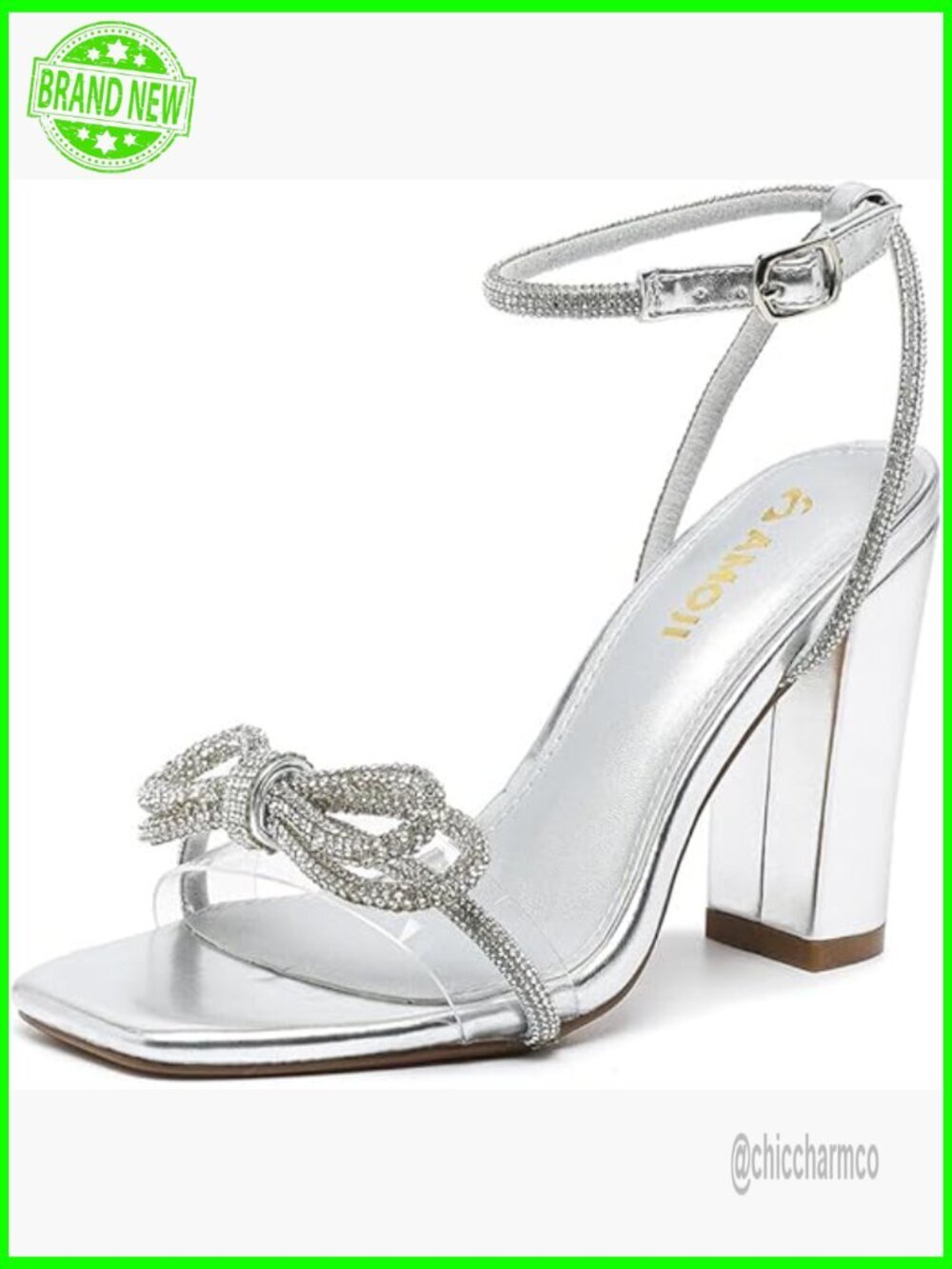 4" Block Heel Rhinestone Crystal Sandals Ankle Strap Clear Heels Women's Shoes
